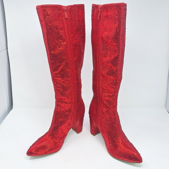 Top Moda Mariha Women's Rhinestone Knee High Boots 6.5 Red Sparkle - Picture 4 of 12
